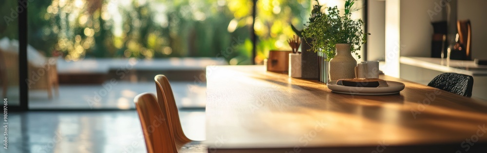 A sunlit kitchen with a wooden table and greenery, creating a warm, inviting atmosphere. A sunlit kitchen with a wooden table and greenery, creating a warm, inviting atmosphere.
