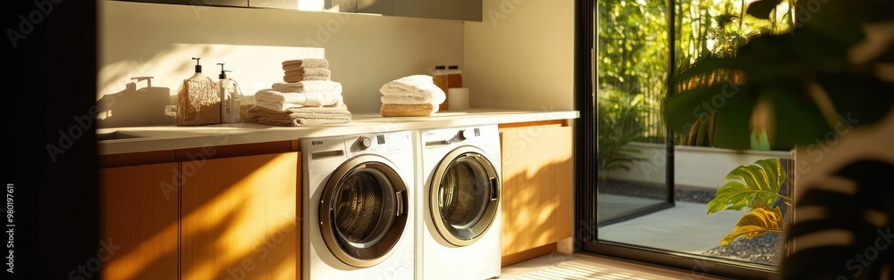 A bright laundry room with washing machines and neatly stacked towels by a large window. A bright laundry room with washing machines and neatly stacked towels by a large window.