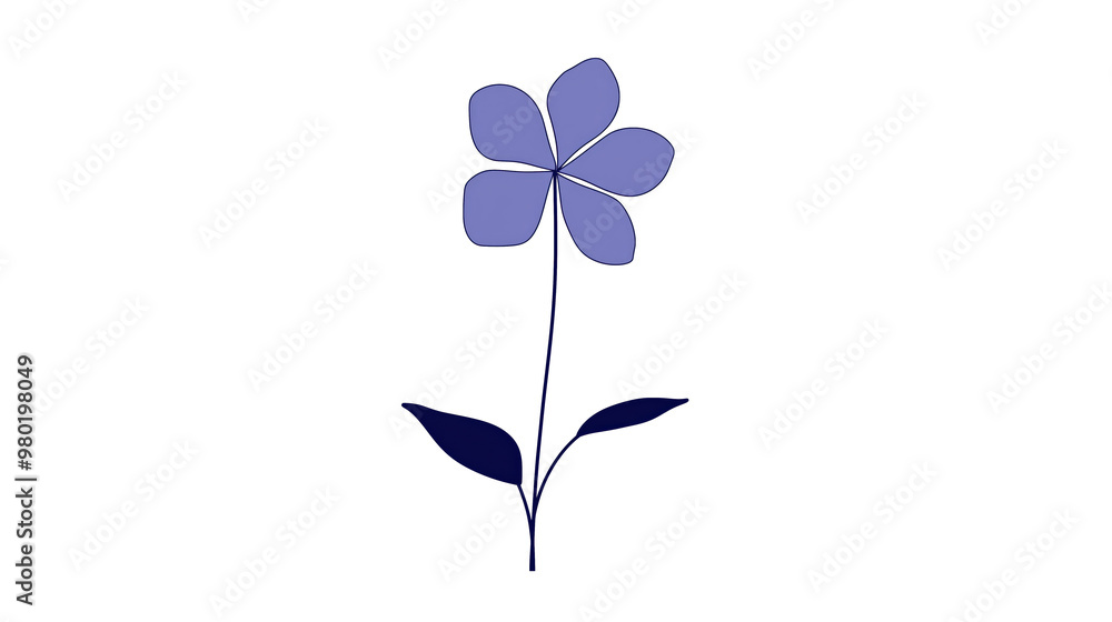 Minimalist blue flower design with simple petals and leaves on white background Minimalist blue flower design with simple petals and leaves on white background