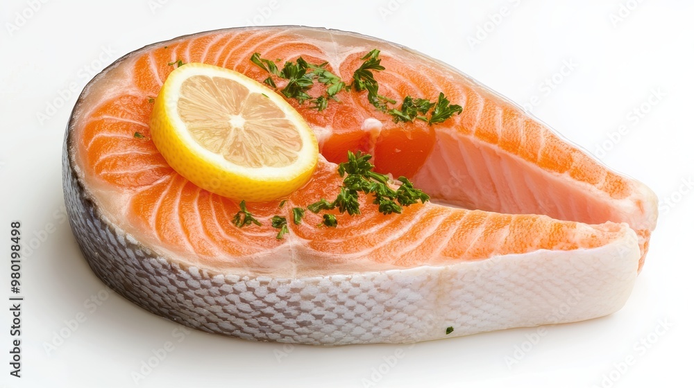 Freshly Grilled Salmon Steak with Lemon and Parsley Garnish Freshly Grilled Salmon Steak with Lemon and Parsley Garnish