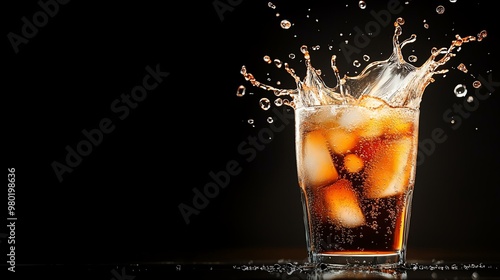 Refreshing glass of soda with ice, featuring dynamic splash and bubbles against a black background.