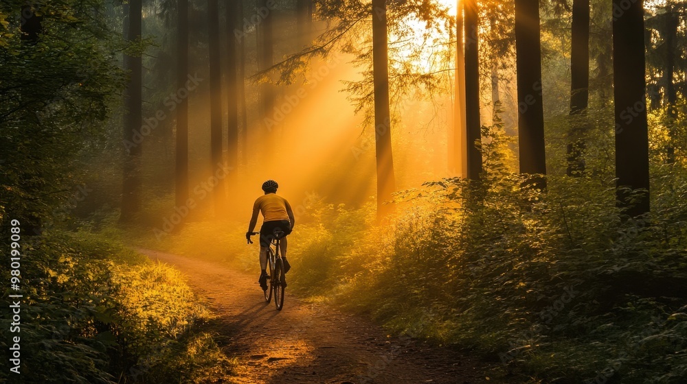 Cycling Through the Misty Forest at Golden Hour Cycling Through the Misty Forest at Golden Hour