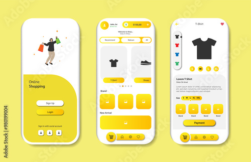 Online shopping design for mobile app. Shopping platform screens with product. Graphical user interface for responsive mobile application