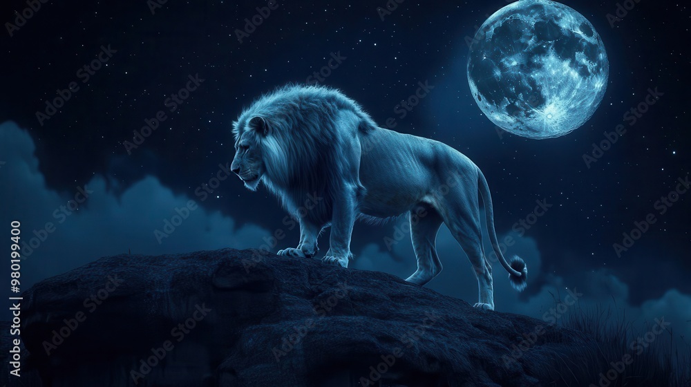 Fototapeta premium White lion illuminated by moonlight on a hilltop, stars twinkling above, lowangle shot emphasizing its dominant silhouette, cool blue tones create a mystical nocturnal atmosphere