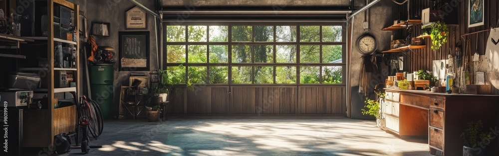 A spacious garage with large windows, showcasing greenery and organized tools. A spacious garage with large windows, showcasing greenery and organized tools.
