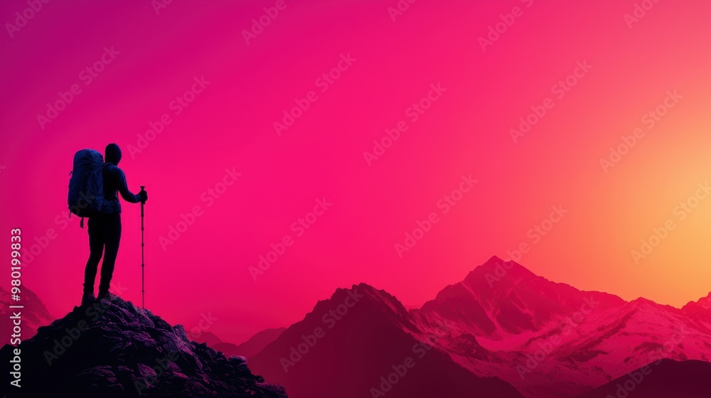 Silhouette of Hiker on Mountain Peak at Sunset Silhouette of Hiker on Mountain Peak at Sunset