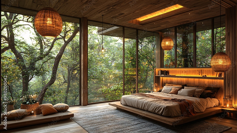 Render a modern treehouse bedroom in the forest, with soft, warm lighting and views of the natural landscape Render a modern treehouse bedroom in the forest, with soft, warm lighting and views of the natural landscape
