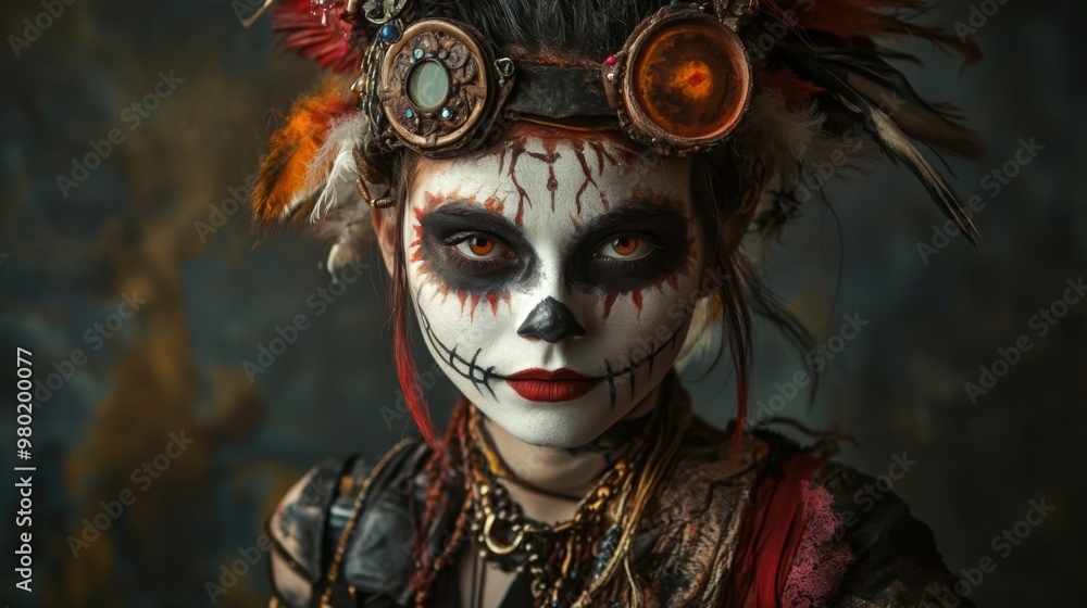 A woman with dark hair and a fierce expression looks directly at the viewer. Her face is painted white with black lines, and she has red lips and red eyeshadow A woman with dark hair and a fierce expression looks directly at the viewer. Her face is painted white with black lines, and she has red lips and red eyeshadow
