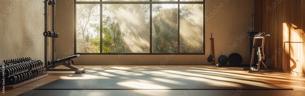 A serene home gym with natural light and fitness equipment. A serene home gym with natural light and fitness equipment.