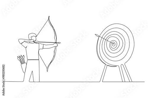 Continuous line art drawing of archer man pulling the bow to hit archery target. Archery continuous one-line art. Vector illustration. 