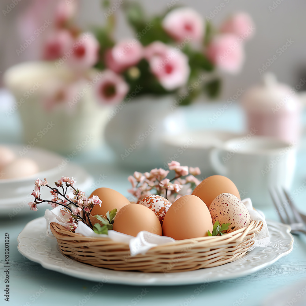 A beautiful setting featuring fresh eggs in a basket, surrounded by delicate flowers, perfect for spring or Easter themes. A beautiful setting featuring fresh eggs in a basket, surrounded by delicate flowers, perfect for spring or Easter themes.