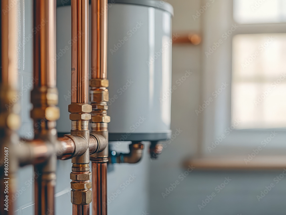 Detailed Close-Up of Tankless Water Heater Installation in Basement with Copper Pipes Network and Sunlight Streaming Through Window Detailed Close-Up of Tankless Water Heater Installation in Basement with Copper Pipes Network and Sunlight Streaming Through Window