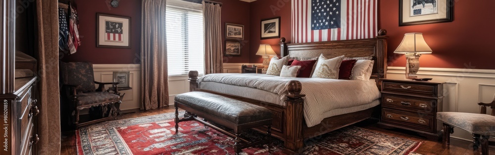 Fototapeta premium Cozy bedroom featuring a rustic design with American flag decor and warm lighting.