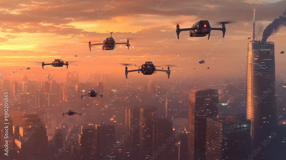 Drones Over a Futuristic City at Sunset Drones Over a Futuristic City at Sunset