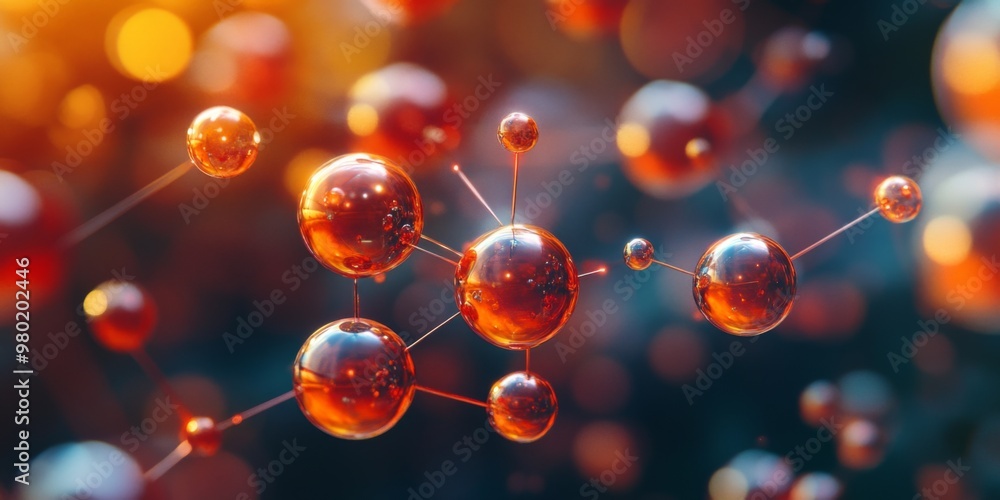 Close-up of a complex molecular structure with golden atoms against a bokeh light backdrop Close-up of a complex molecular structure with golden atoms against a bokeh light backdrop