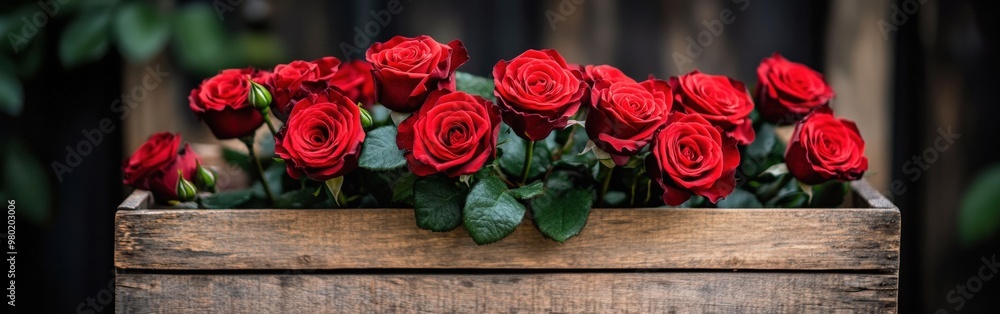 Ultra-realistic red roses in a wooden box with green leaves, shot from an oblique angle Ultra-realistic red roses in a wooden box with green leaves, shot from an oblique angle