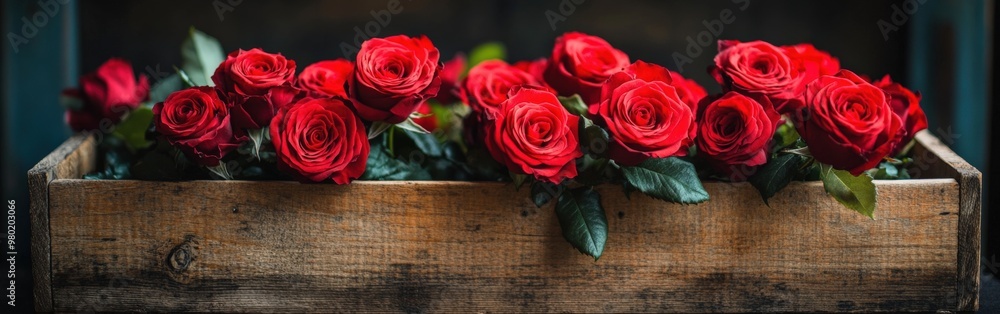 Ultra-realistic red roses in a wooden box with green leaves, shot from an oblique angle Ultra-realistic red roses in a wooden box with green leaves, shot from an oblique angle