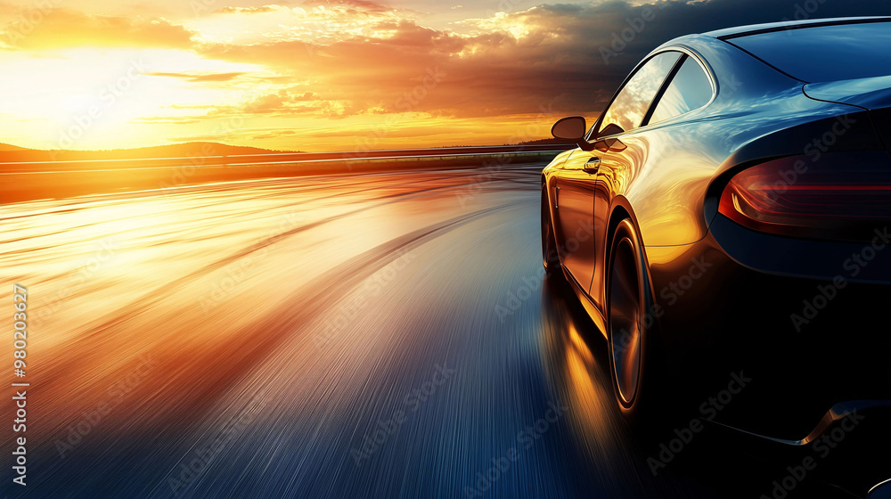Lone car driving on deserted highway at sunset, road stretching into horizon with golden light reflecting off hood, sharp silhouette against vibrant sky, emphasizing solitude and freedom. Lone car driving on deserted highway at sunset, road stretching into horizon with golden light reflecting off hood, sharp silhouette against vibrant sky, emphasizing solitude and freedom.