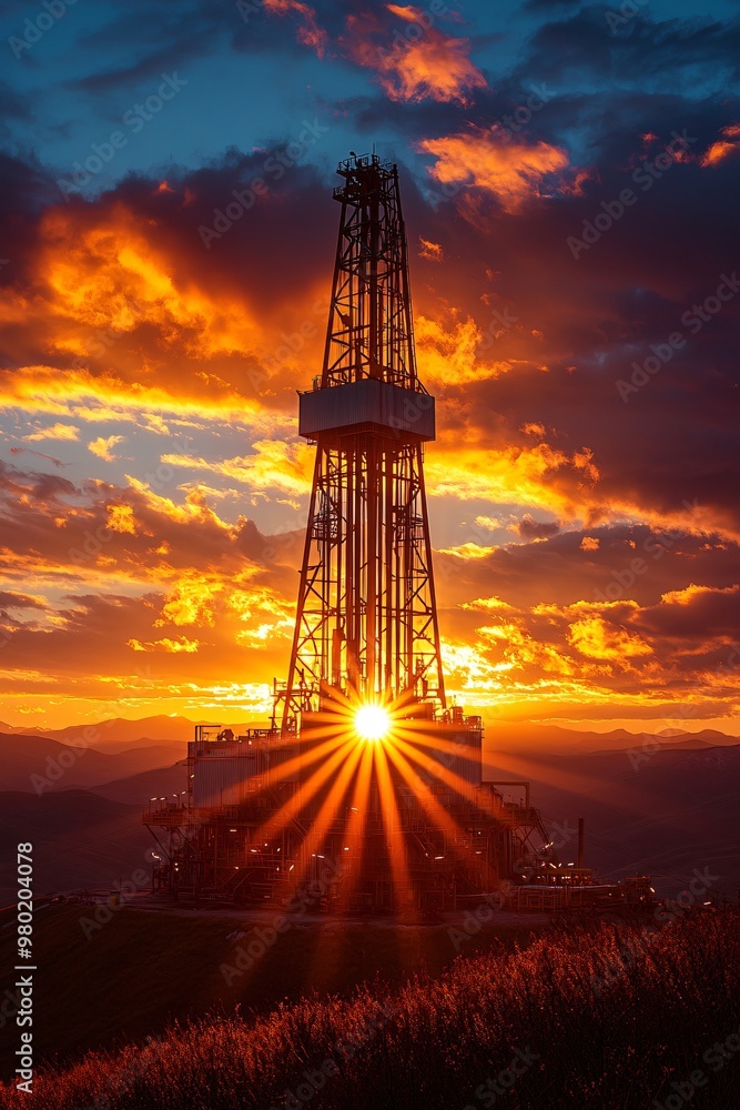 Oil Rig Sunset Silhouette with Sun Rays Oil Rig Sunset Silhouette with Sun Rays