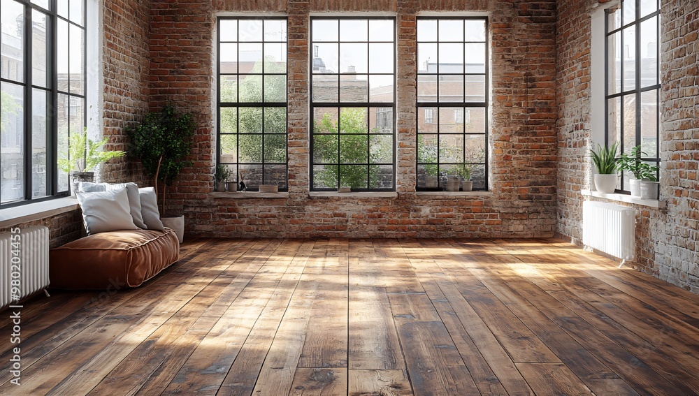 Rustic Loft Interior with Large Windows and Wooden Floor Rustic Loft Interior with Large Windows and Wooden Floor