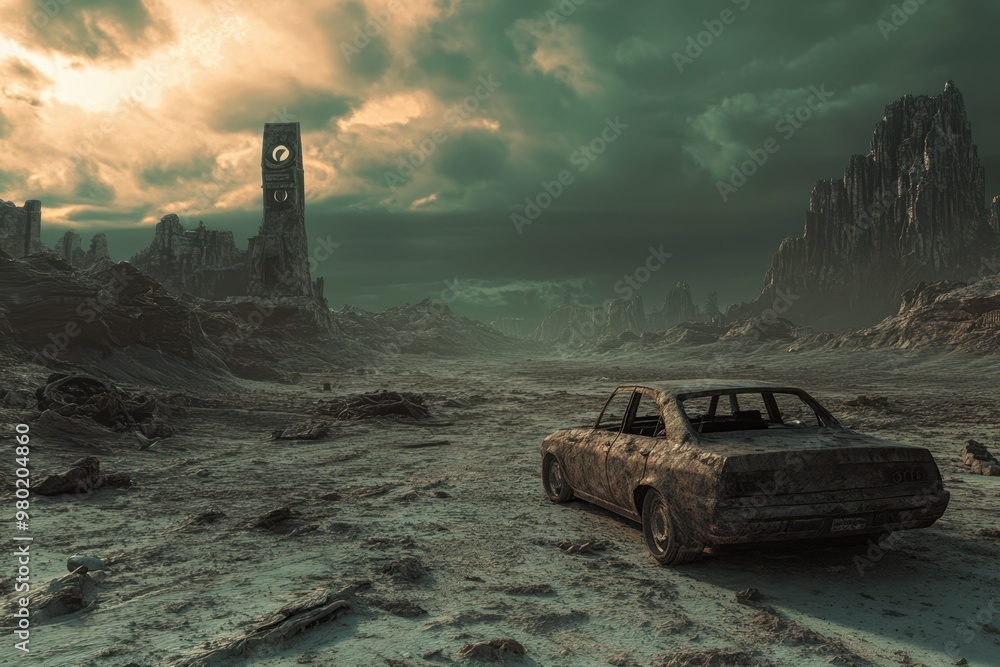 Fototapeta premium Abandoned Car in a Desolate, Post-Apocalyptic Landscape