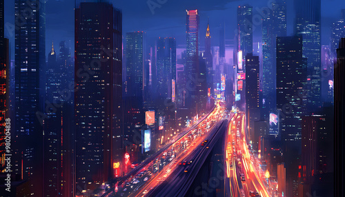 A bustling city at night, with skyscrapers illuminated and traffic creating streaks of light