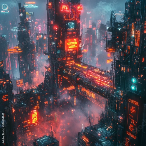 Futuristic Cyberpunk Cityscape with Neon Lights and Smoke