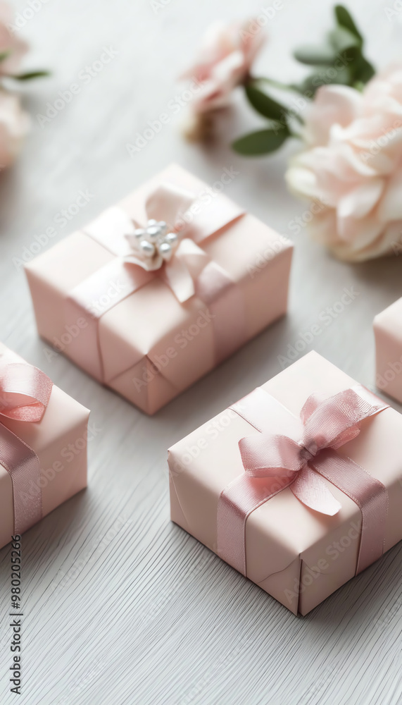 Delicate pink gift boxes adorned with ribbons and flowers, perfect for celebrations and special occasions. Delicate pink gift boxes adorned with ribbons and flowers, perfect for celebrations and special occasions.