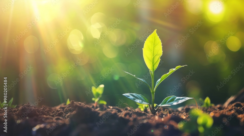 Green Plant Sprouting in Sunlight - New Life and Growth