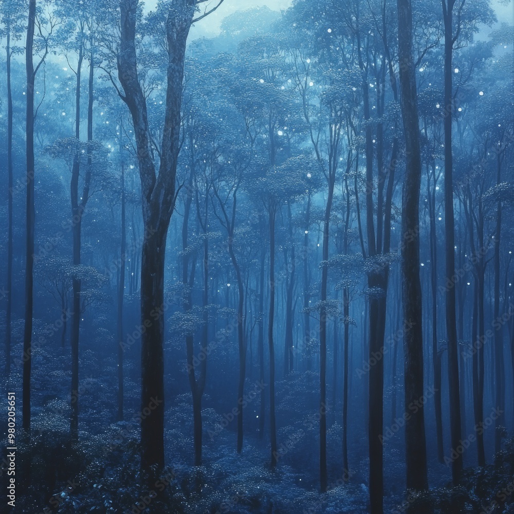 Fototapeta premium Mystical Blue Forest with Glowing Lights