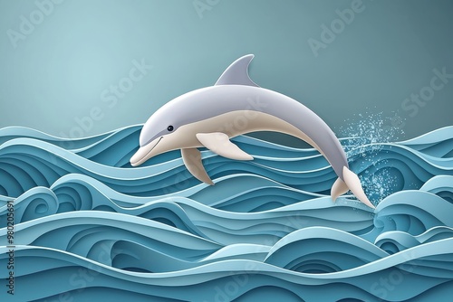 Dolphin leaping through stylized ocean waves, concept of freedom, adventure and marine life photo