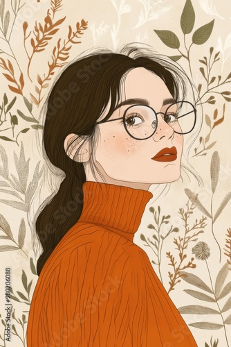 illustration of a beautiful woman wearing glasses wearing an orange sweater, with a brush ornament background, female character illustration