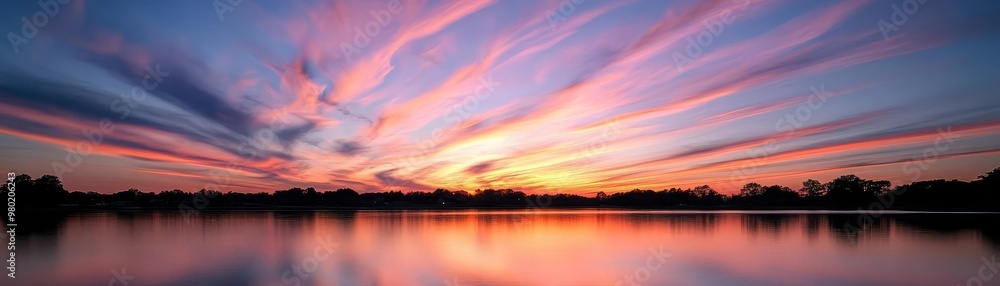 A beautiful sunset sky with wispy clouds illuminated in shades of pink, orange, and purple, reflecting over a calm lake, vibrant colors, serene atmosphere, wideangle shot A beautiful sunset sky with wispy clouds illuminated in shades of pink, orange, and purple, reflecting over a calm lake, vibrant colors, serene atmosphere, wideangle shot