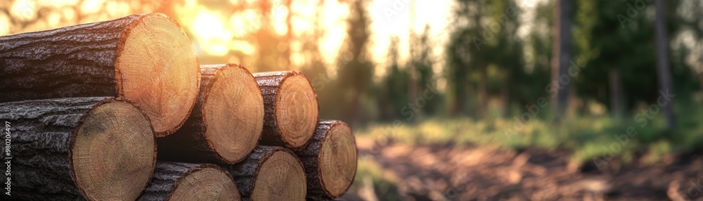Stacked Tree Logs in Forest with Golden Light Stacked Tree Logs in Forest with Golden Light