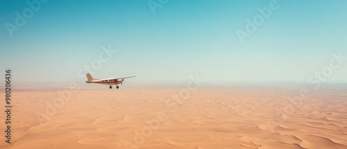 Lone Pilot Soaring Above Desert Dunes - Aerial View of Endless Sand with Small Plane, Freedom and Solitude in Remote Wilderness