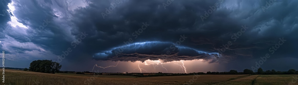 A dramatic thunderstorm over a rural landscape, with dark clouds and lightning striking in the distance, high contrast, moody atmosphere, wideangle shot A dramatic thunderstorm over a rural landscape, with dark clouds and lightning striking in the distance, high contrast, moody atmosphere, wideangle shot
