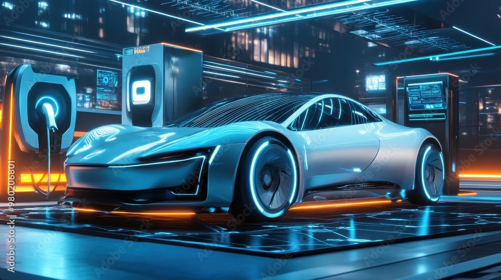 Obraz premium Futuristic Electric Car Charging in a Neon-Lit Garage
