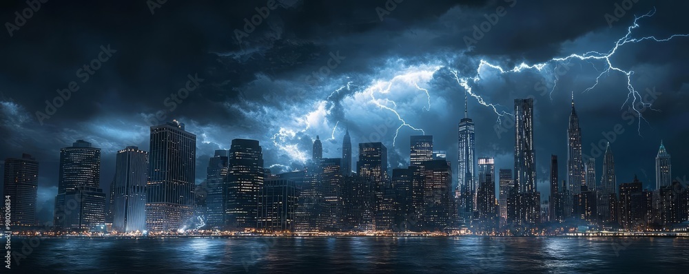 Obraz premium A lightning storm over a city skyline at night, with bolts of lightning illuminating the buildings below, high contrast, cool tones, dramatic atmosphere, wideangle shot