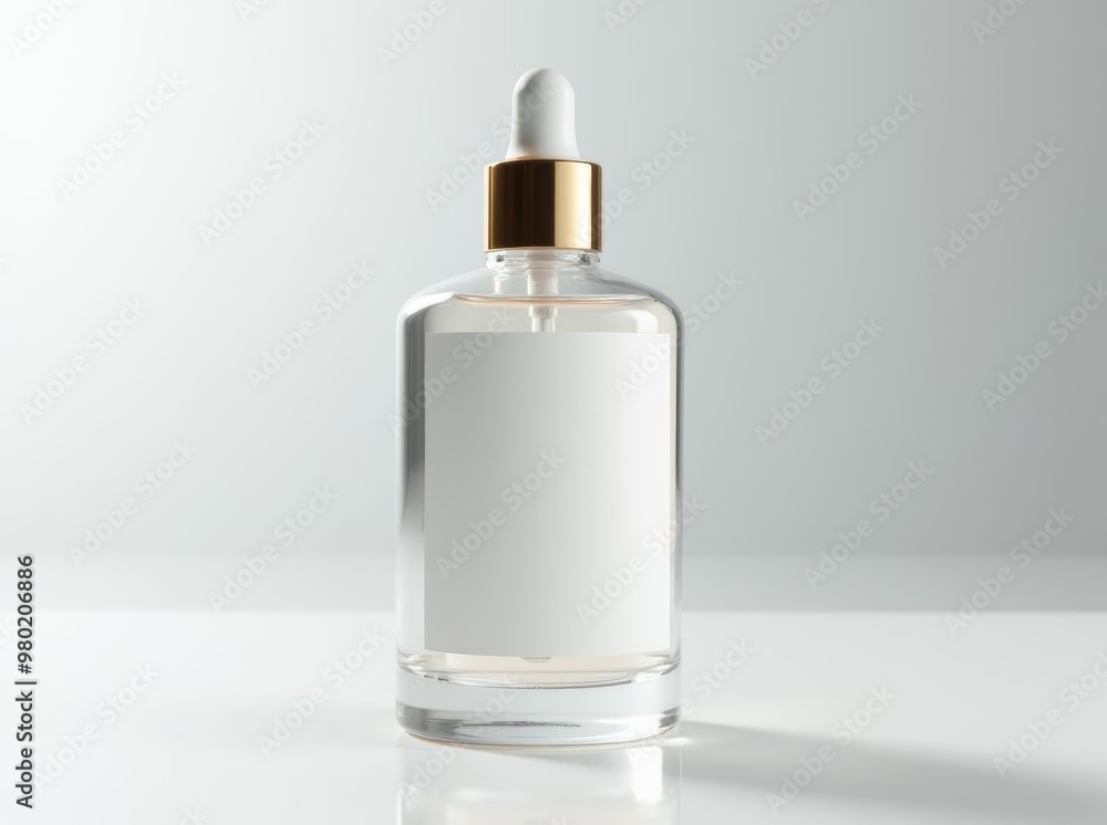 Perfume Bottle Mockup: Elegant Glass Container with Gold Dropper Cap for Luxury Fragrance Presentation Perfume Bottle Mockup: Elegant Glass Container with Gold Dropper Cap for Luxury Fragrance Presentation