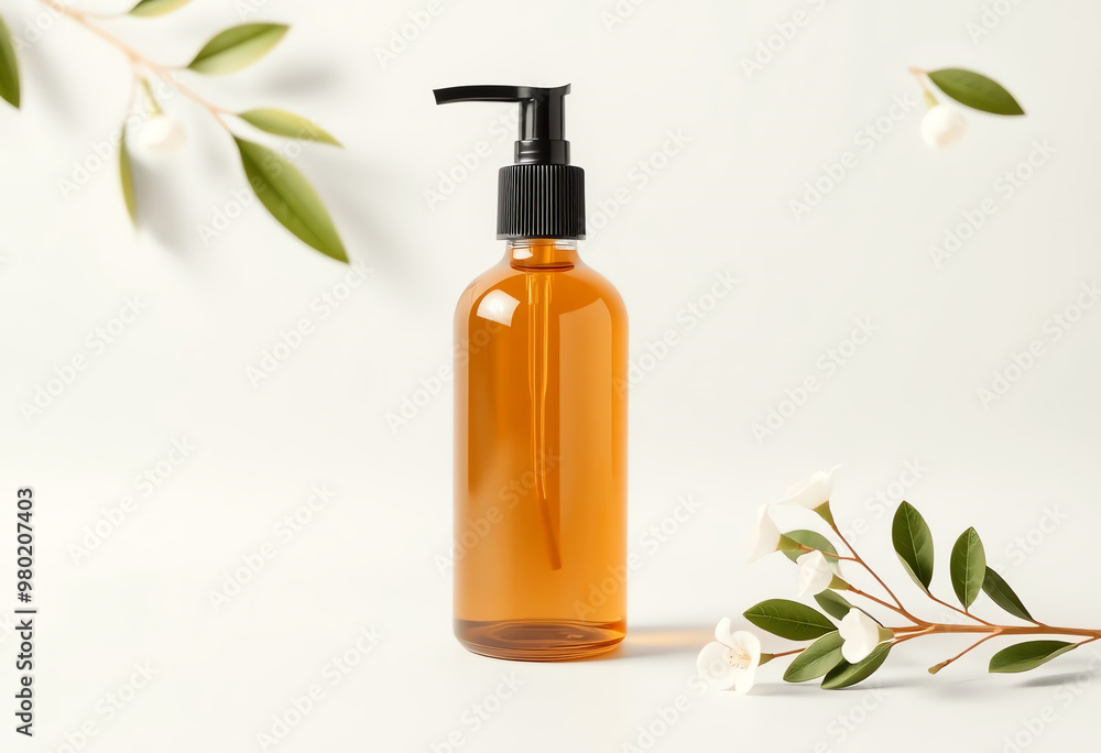 Amber bottle with pump for cosmetics or natural product, decorated with green leaves. Amber bottle with pump for cosmetics or natural product, decorated with green leaves.