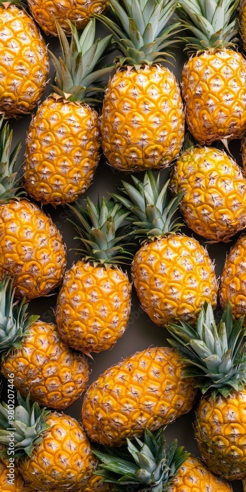 A vibrant arrangement of fresh pineapples brightens the scene. Their distinct textures and colors are inviting. Great for food blogs, cooking sites, or health articles. AI A vibrant arrangement of fresh pineapples brightens the scene. Their distinct textures and colors are inviting. Great for food blogs, cooking sites, or health articles. AI