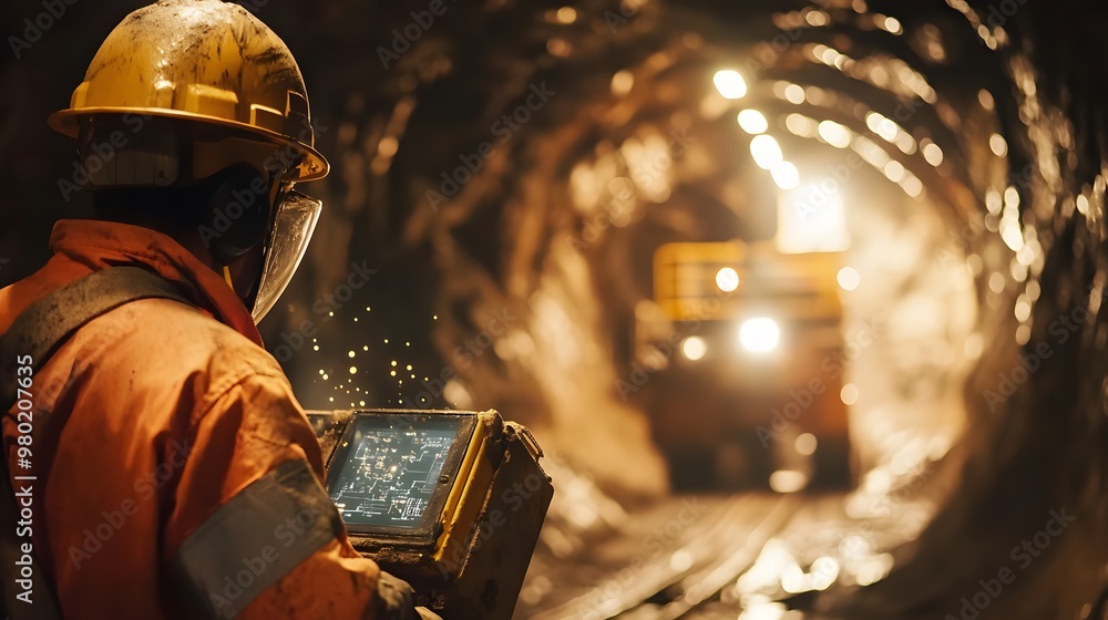 121. Close-up of miners using high-tech tools and machinery in a dimly lit underground tunnel to access and extract minerals 121. Close-up of miners using high-tech tools and machinery in a dimly lit underground tunnel to access and extract minerals