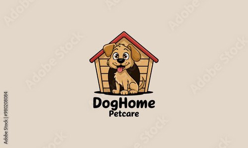 Cartoon dog in a doghouse with pet care logo design