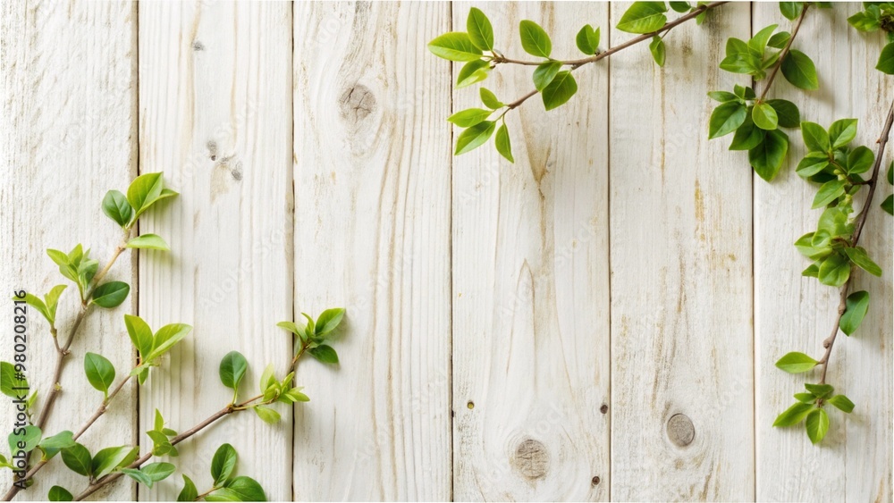 Green leaves arranged on an old white wooden background, showcasing a spring theme with ample copy space for text. Green leaves arranged on an old white wooden background, showcasing a spring theme with ample copy space for text.