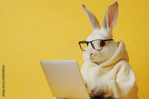 A rabbit in glasses and a hoodie working on a laptop against a yellow background.