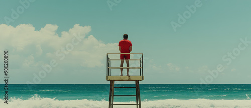 Vigilant Lifeguard Watching Over Beach with Ocean Waves Background