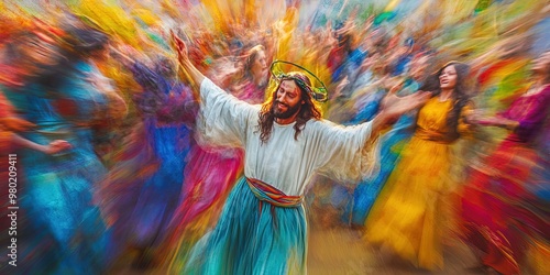 Jesus dancing, colorful  photo