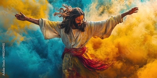 Jesus dancing, colorful  photo