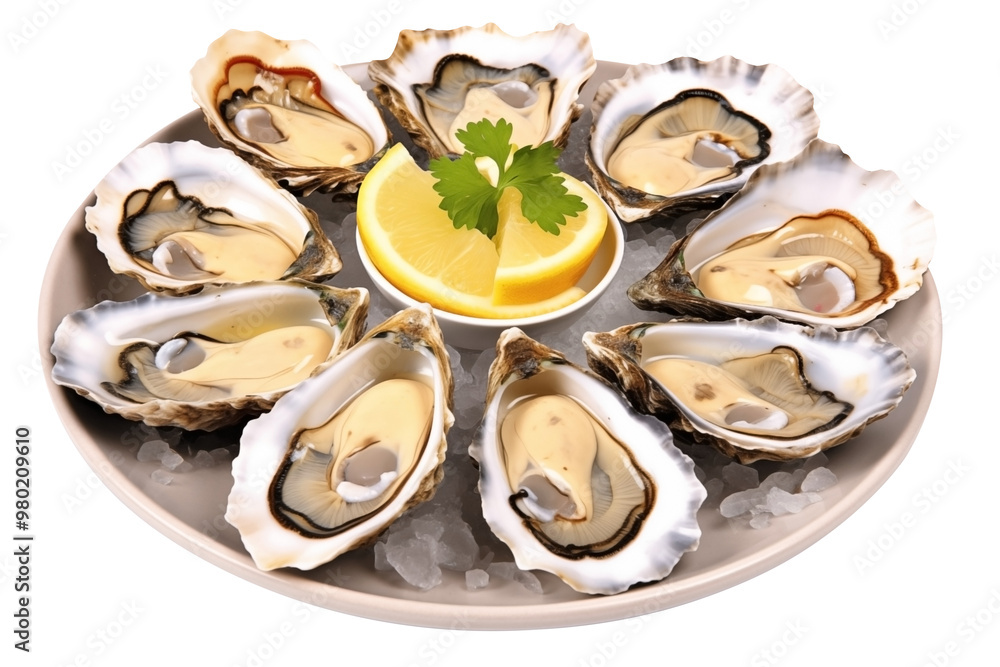 Set of Fresh Open Oysters PNG With Lemon on a plate isolated on white and transparent background - Seafood Raw Gourmet Oyster platter ocean seafood market Concept Set of Fresh Open Oysters PNG With Lemon on a plate isolated on white and transparent background - Seafood Raw Gourmet Oyster platter ocean seafood market Concept