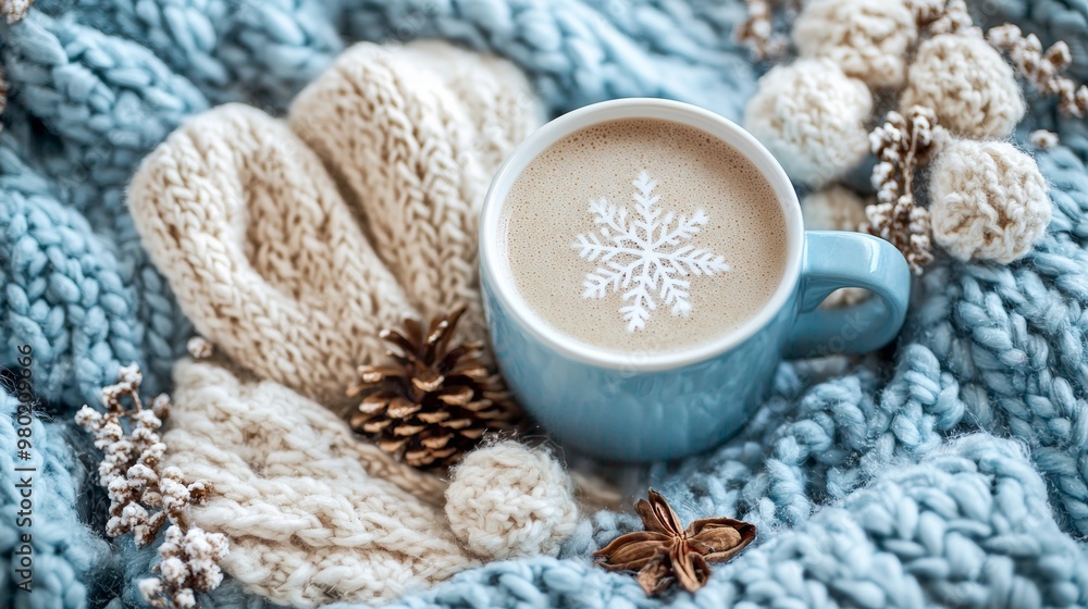 Cozy Winter Scene with Hot Chocolate and Snowflake Latte Art Cozy Winter Scene with Hot Chocolate and Snowflake Latte Art